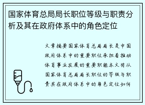 国家体育总局局长职位等级与职责分析及其在政府体系中的角色定位